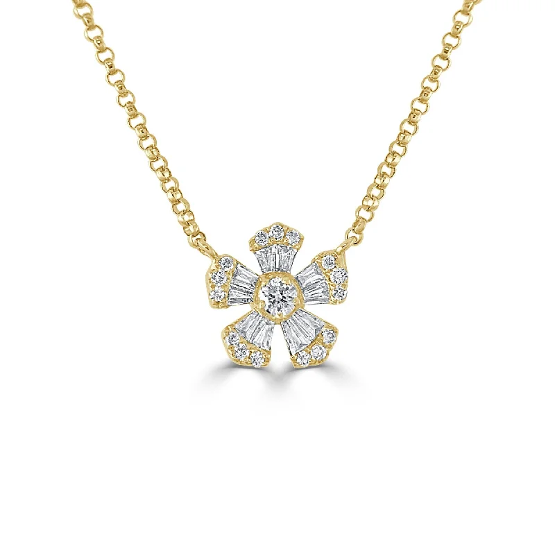 simple bar necklace -Joelle Diamond Flower Neckalce Pendant Baguette 14K Gold