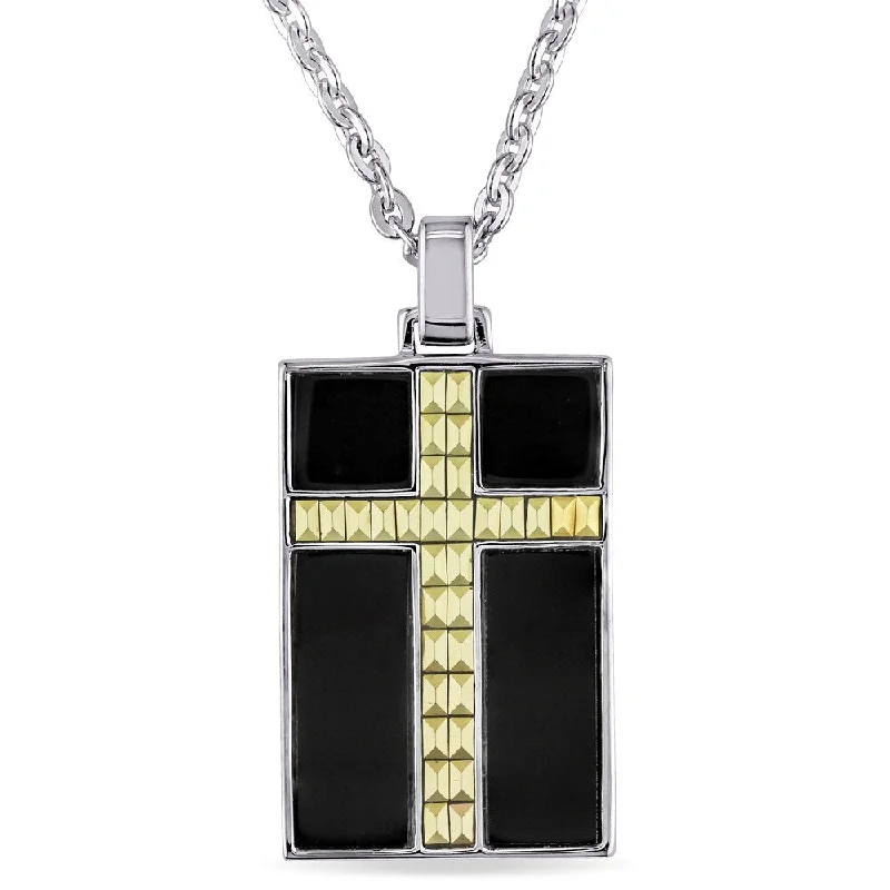 simple crystal necklace -Miadora 2-Tone White and Yellow Plated Sterling Silver Black Enamel Cross Dangle Necklace