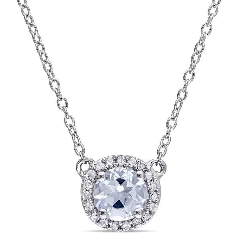 colorful gemstone necklace -Miadora Ladies Aquamarine and 1/10ct TDW Diamond Halo Necklace in Sterling Silver - Blue