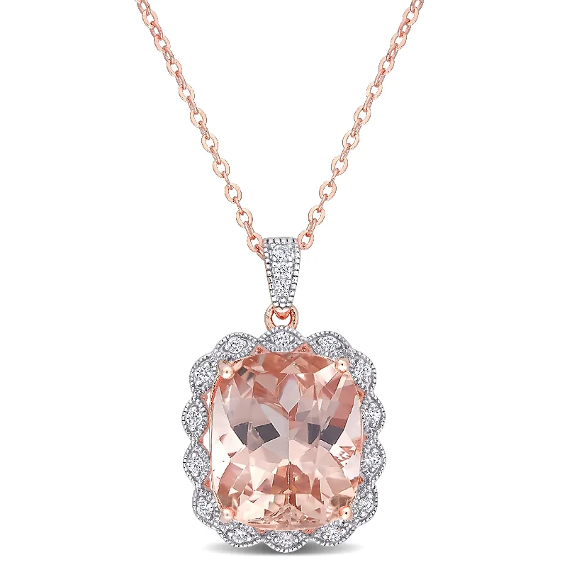 chunky chain pendant necklace -Miadora Rose Plated Sterling Silver Cushion-cut Simulated Morganite & Cubic Zirconia Halo Drop Necklace - 18 inch x 16.1 mm