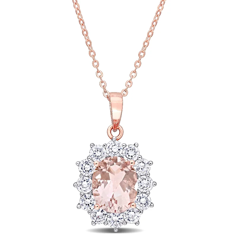 diamond bar necklace -Miadora Rose Plated Sterling Silver Oval-cut Simulated Morganite & Cubic Zirconia Floral Halo Necklace - 18 inch x 16 mm