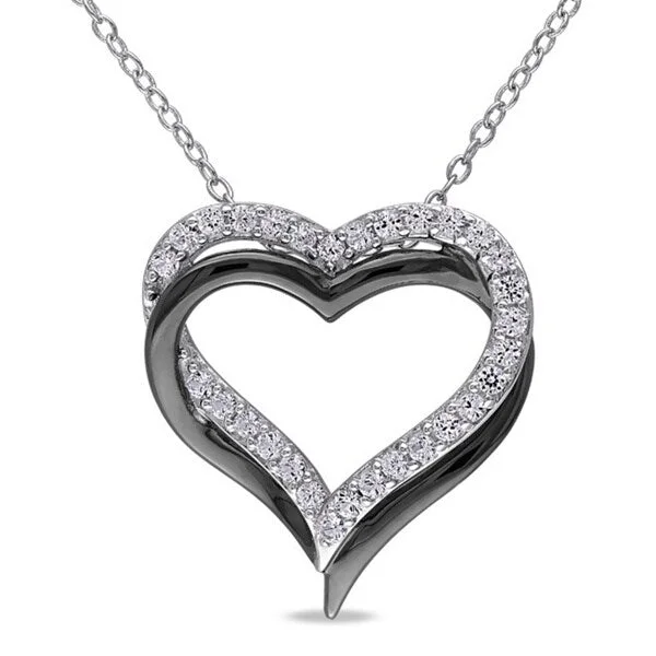 bar pendant necklace silver -Miadora Sterling Silver Created White Sapphire Double Heart Necklace