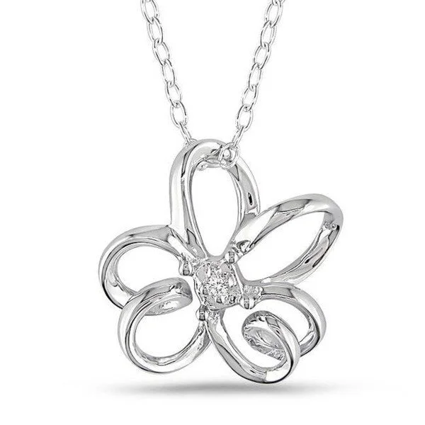 silver gemstone pendant -Miadora Sterling Silver Diamond Flower Necklace