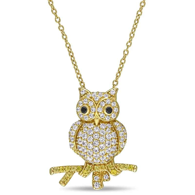 personalized letter necklace -Miadora Yellow Plated Sterling Silver Created White and Yellow Sapphire Black Spinel Owl Necklace