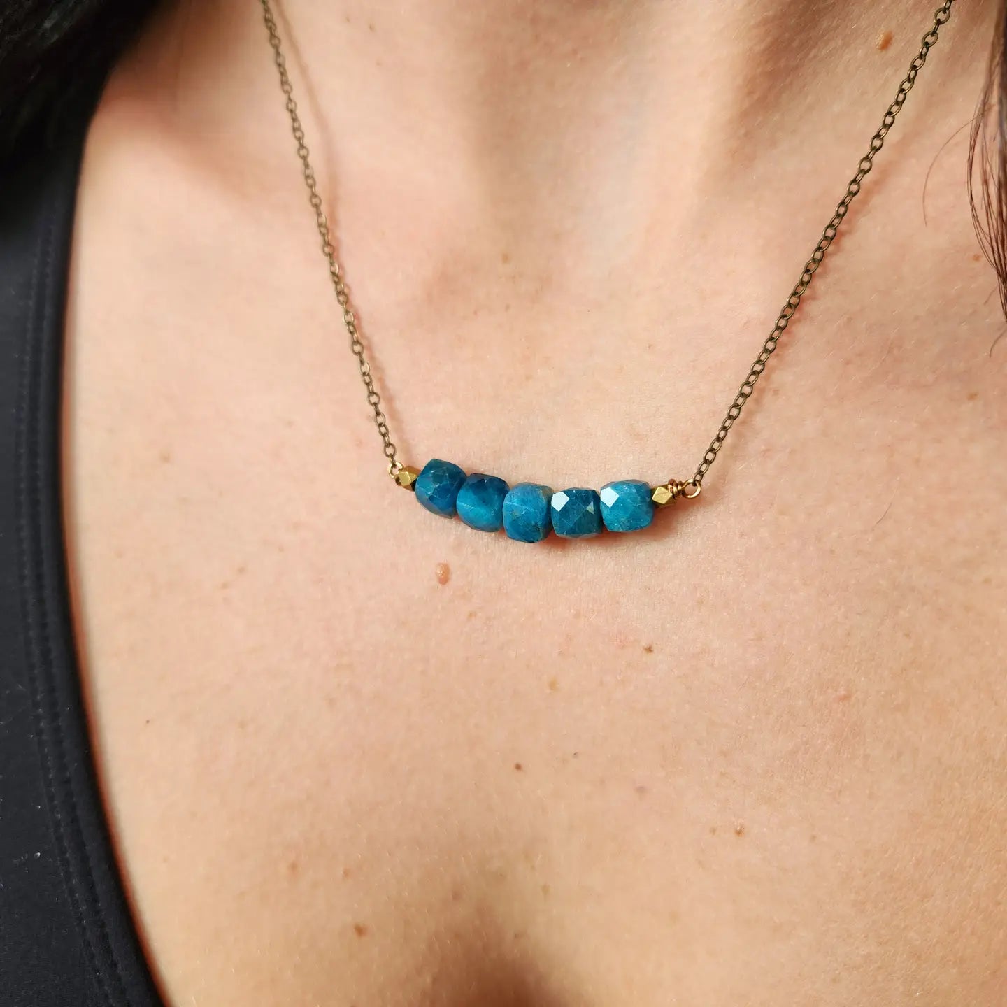 celestial pendant necklace gold -Blue Green Apatite Boho Cube Stone Arc Necklace