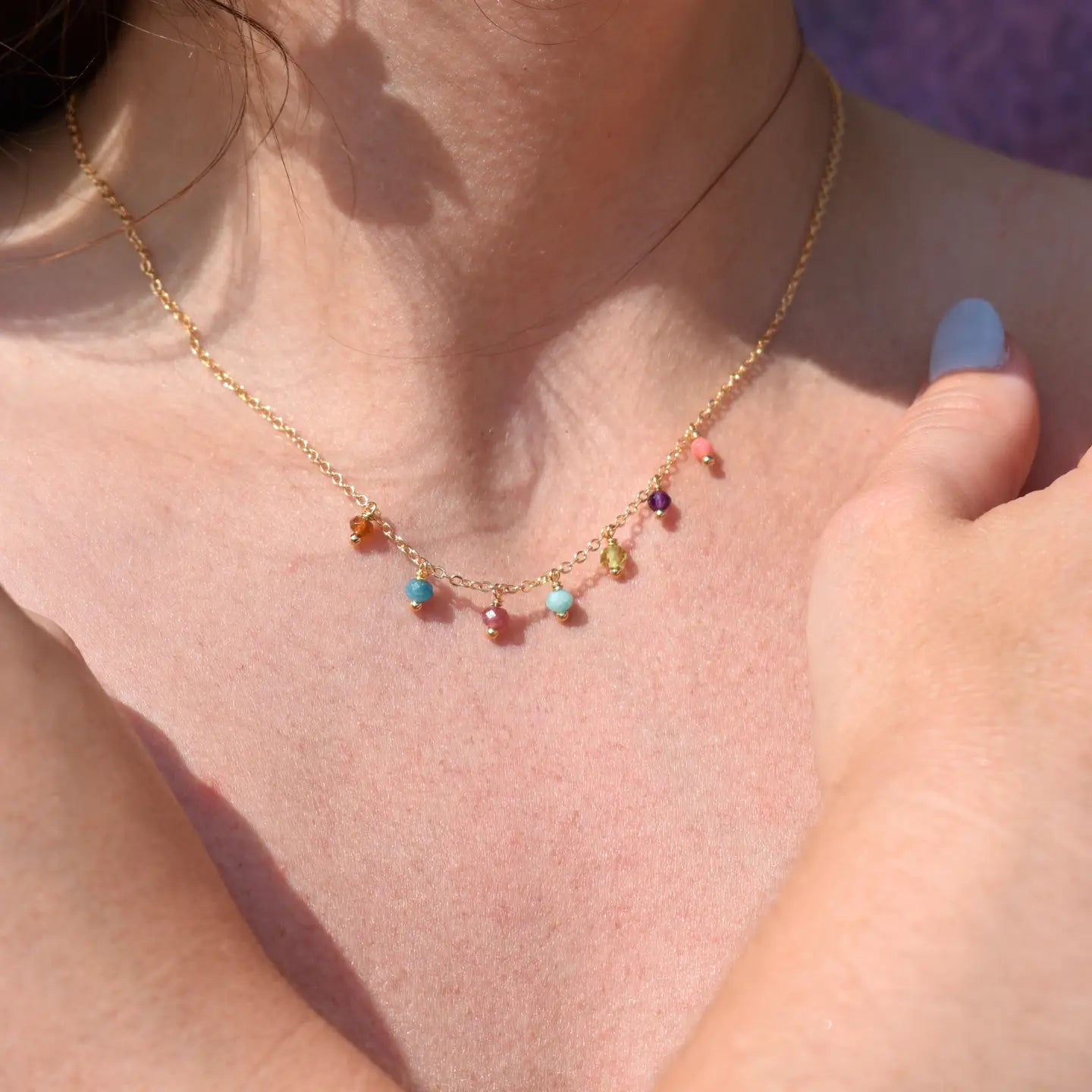 infinity crystal necklace -Color Bird Multicolor Dainty Gemstone Fringe Necklace