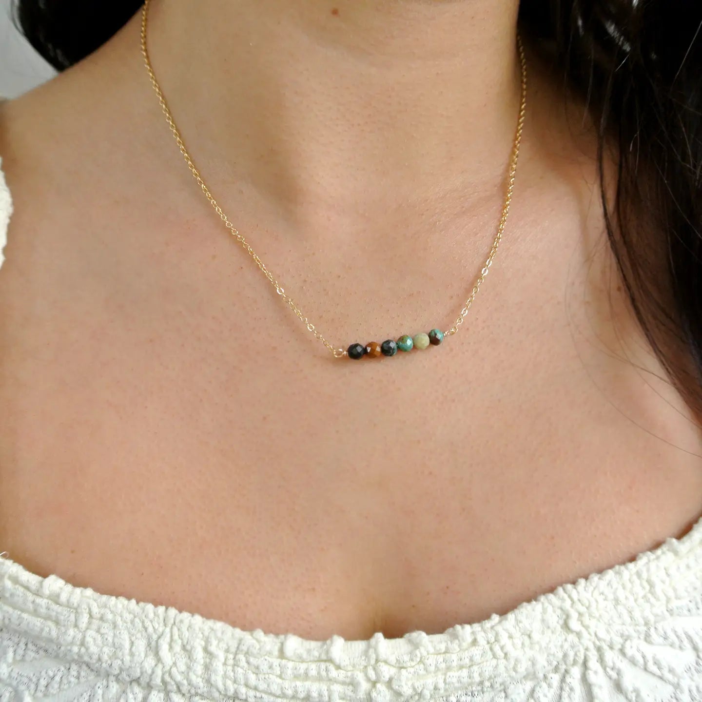 rhinestone pendant necklace -Multicolor Turquoise Dainty Bar Necklace in Gold Plate