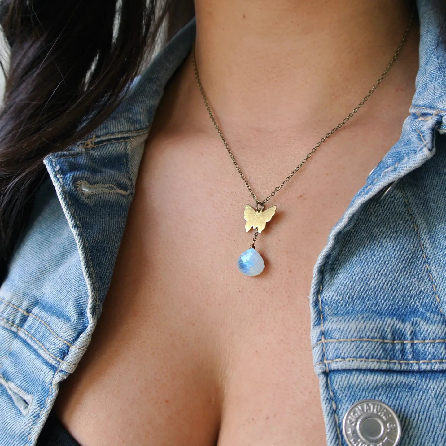 women’s geometric necklace -Rainbow Moonstone Cute Butterfly Charm Necklace