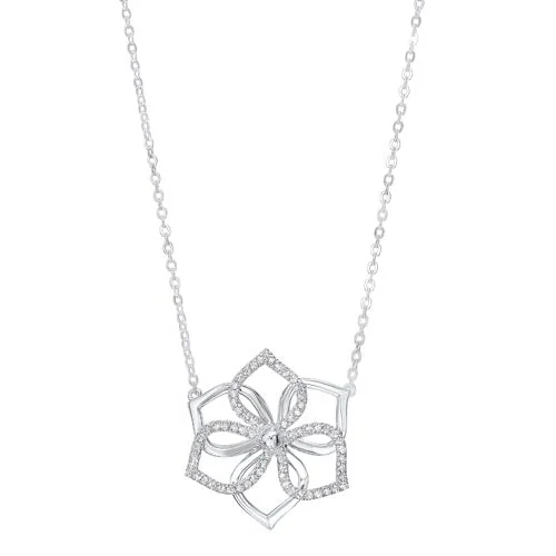 long gold necklace pendant -Diamond Hibiscus Flower Pendant Necklace in Sterling Silver (1/5ctw)