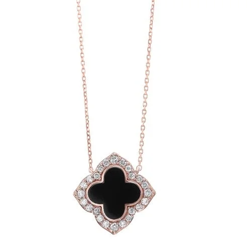 trendy gold necklace -Diamond Clover Onyx & Diamond Pendant Necklace in 14k Yellow Gold (1/4ctw)