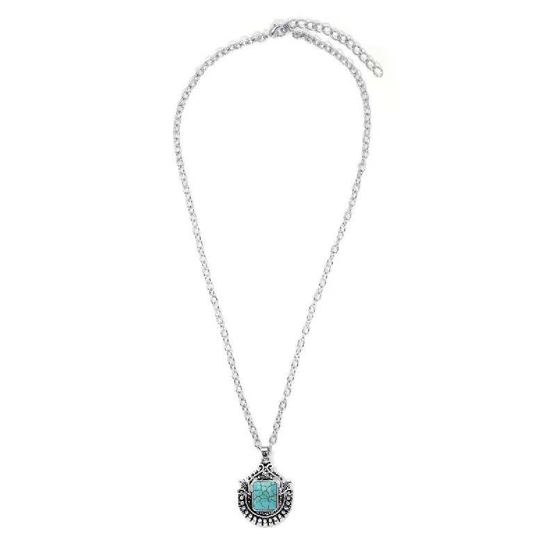 boho chic pendant necklace -Silver Plated Simulated Turquoise Crest Pendant Necklace