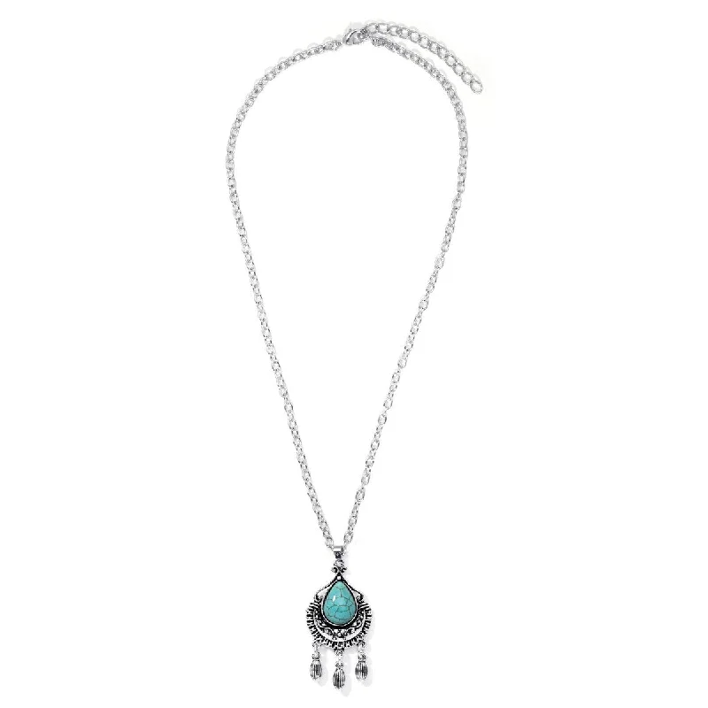 diamond crystal necklace -Silver Plated Simulated Turquoise Pear Chandalier Necklace