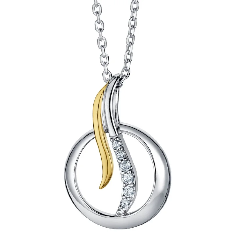 engraved silver heart necklace -Two-Tone Sterling Silver Open Circle Pendant, Adjustable Chain