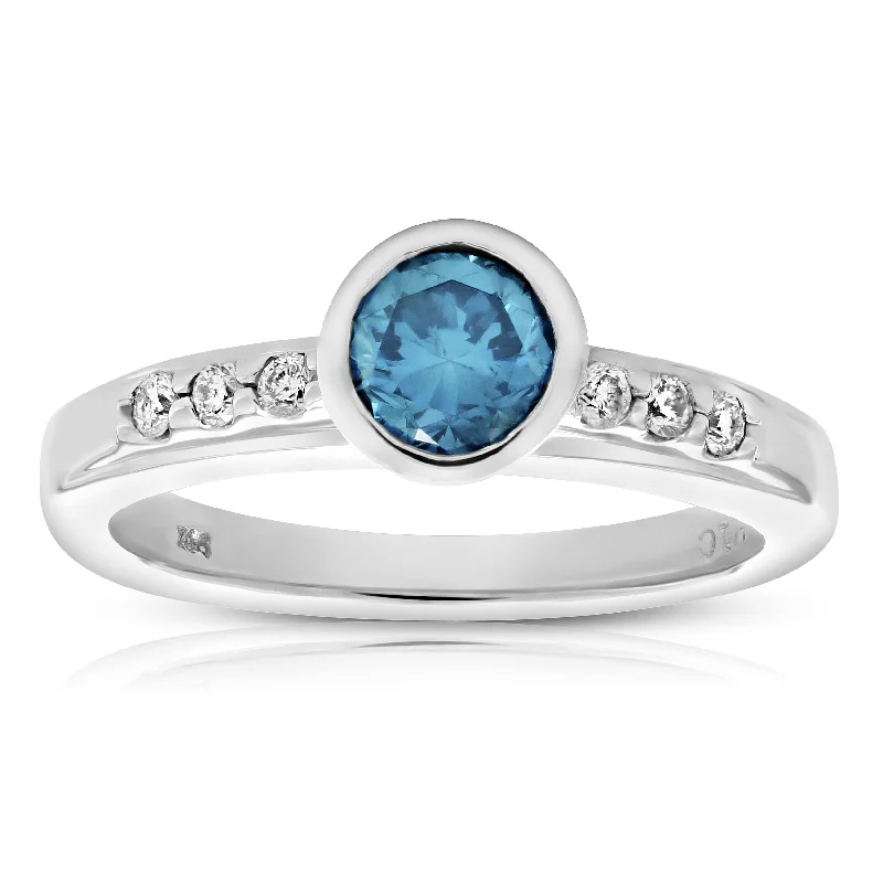 wedding bands for women with diamonds and rubies-0.80 cttw Blue and White Diamond Engagement Ring 14K White Gold