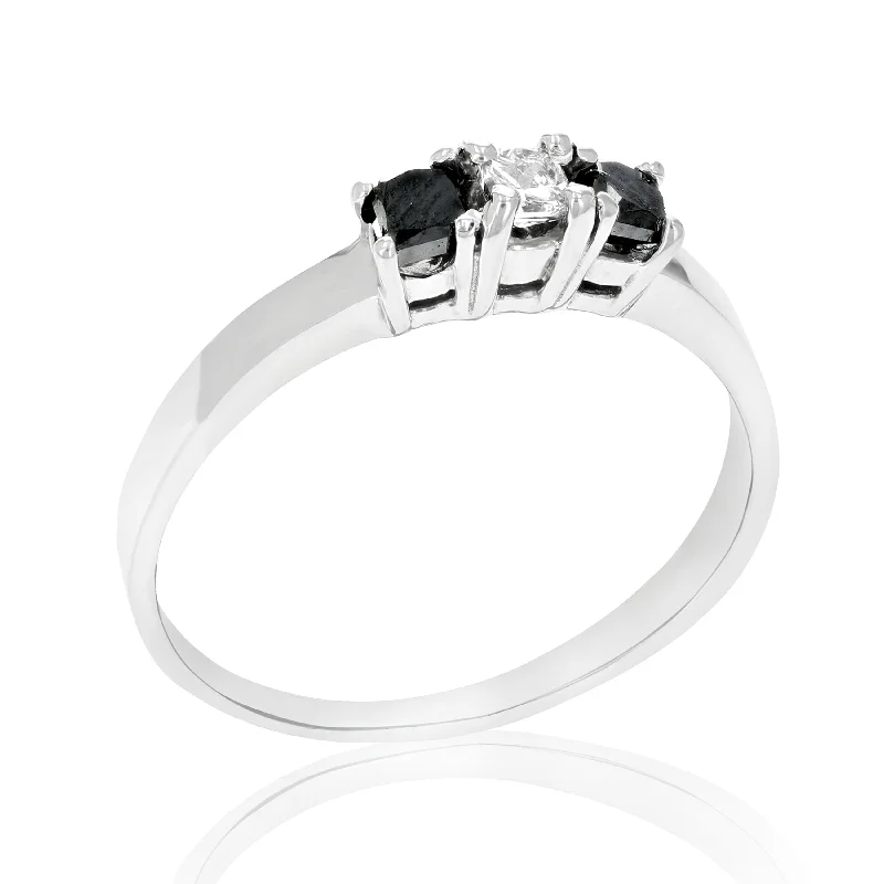 rings with rubies for women-1/4 cttw 3 Stone Princess Black Diamond Engagement Ring 14K White Gold