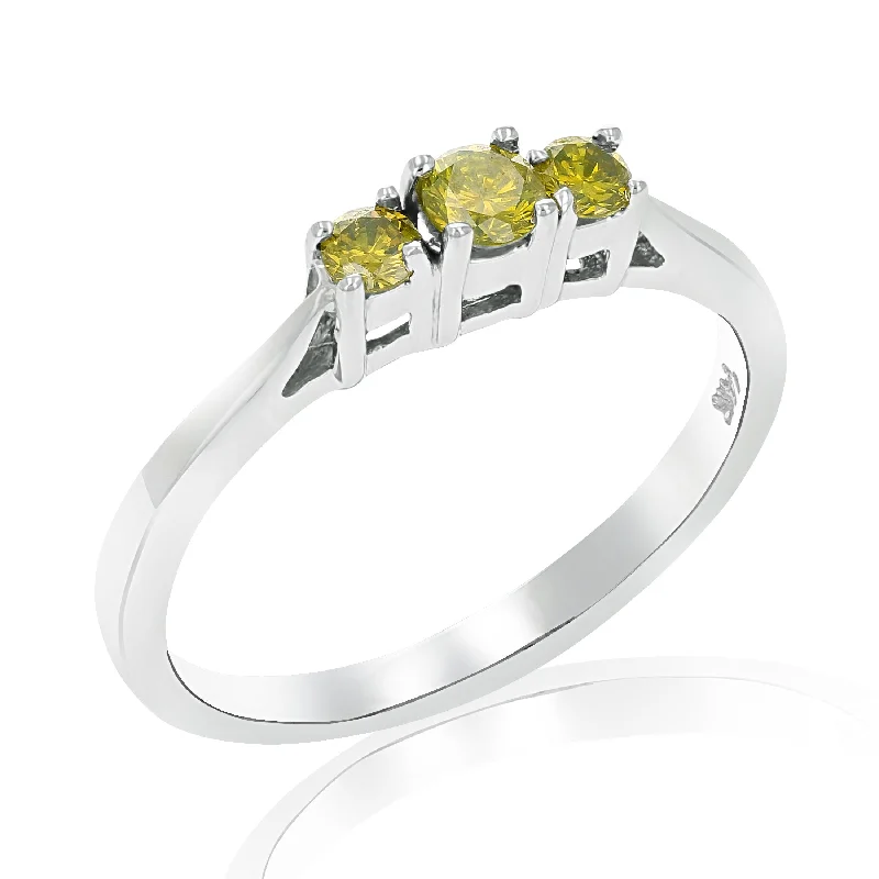 women’s wedding rings with diamonds-1/4 cttw 3 Stone Yellow Diamond Engagement Ring in 14K White Gold Round