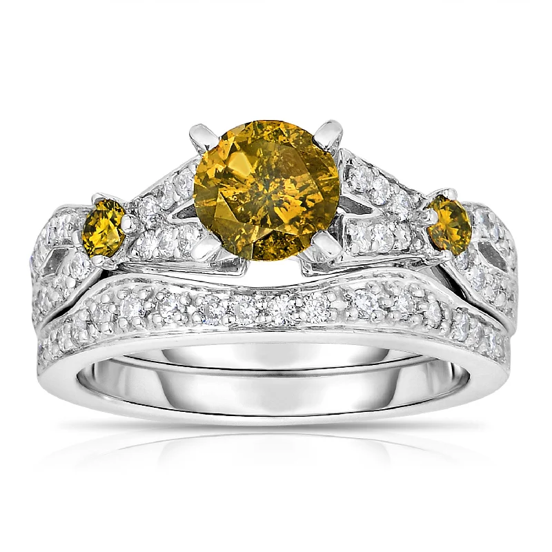 affordable gold rings for couples-1.60 cttw 3 Stone Yellow and White Diamond Engagement Ring 14K White Gold