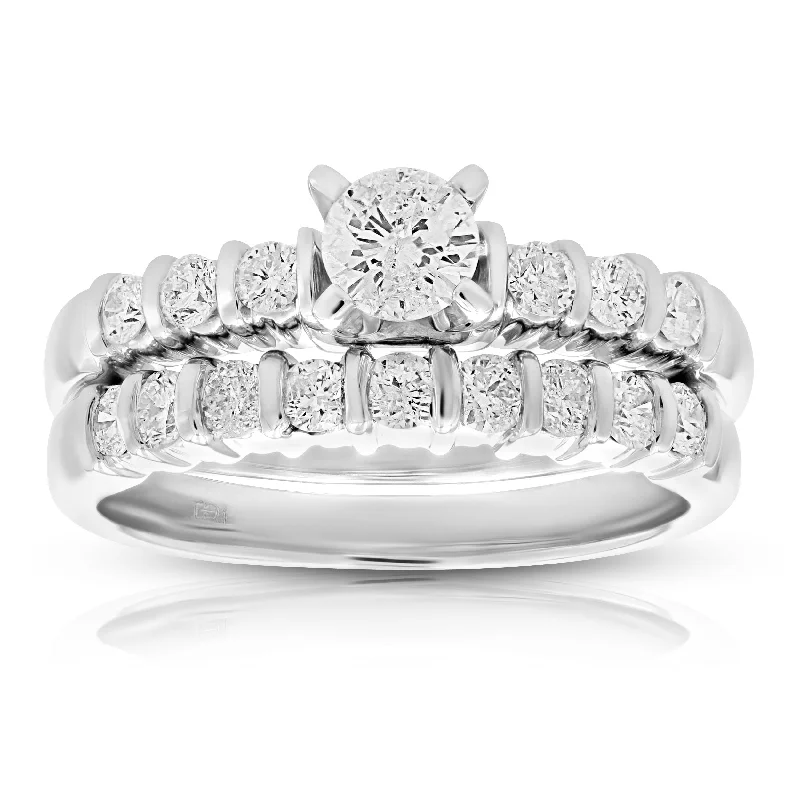 women’s silver engagement rings with rubies-1 cttw Diamond Channel Set Wedding Engagement Ring Set 14K White Gold