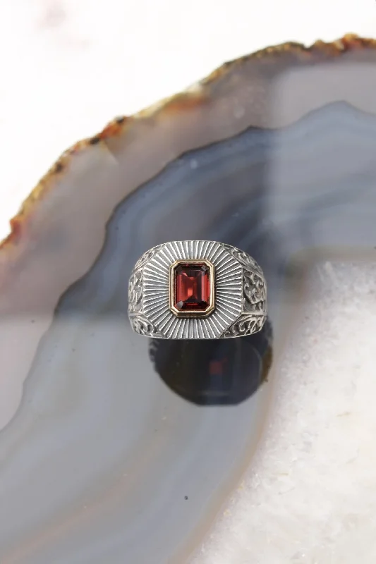 women’s wedding rings with engraved initials-14K Deco Red Garnet Silver Signet Ring