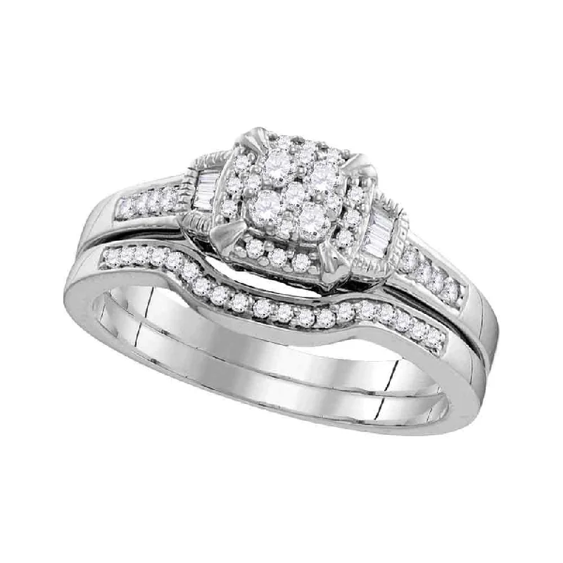 women’s rings with custom engravings-10k White Gold Round Diamond Cluster Bridal Wedding Ring Band Set 3/8 Cttw