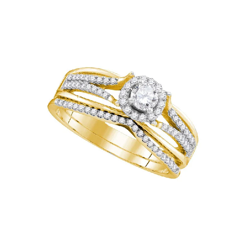 women’s rings with rubies and diamonds-10k Yellow Gold Round Diamond Halo Bridal Wedding Ring Band Set 1/2 Cttw