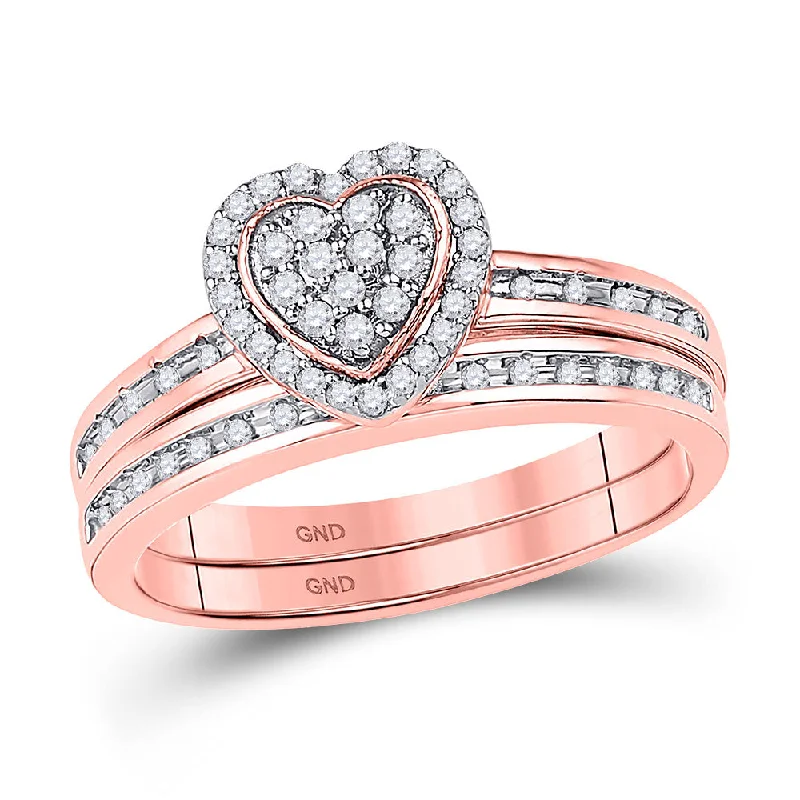 women’s platinum engagement rings-10kt Rose Gold Round Diamond Heart Bridal Wedding Ring Band Set 1/4 Cttw