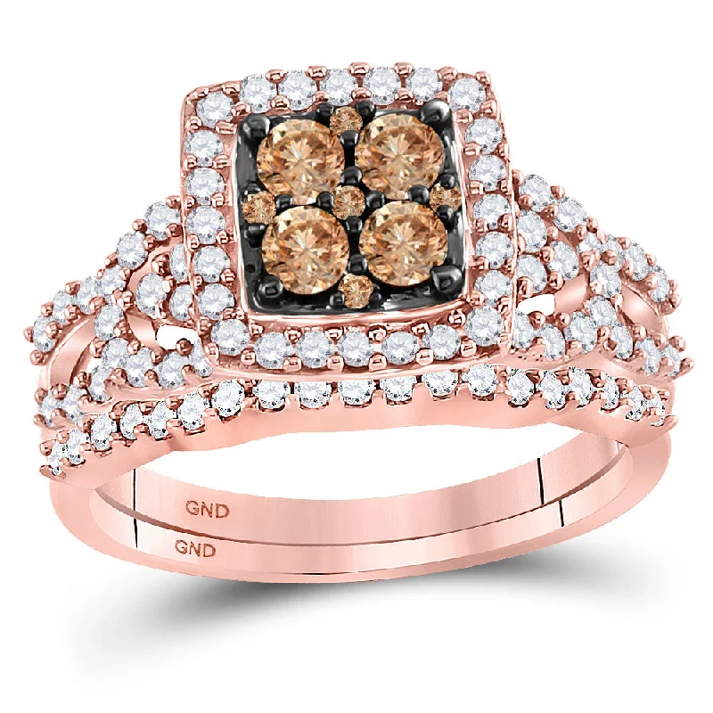 wedding rings with white diamonds-10kt Rose Gold Womens Round Brown Diamond Bridal Wedding Ring Band Set 1 Cttw