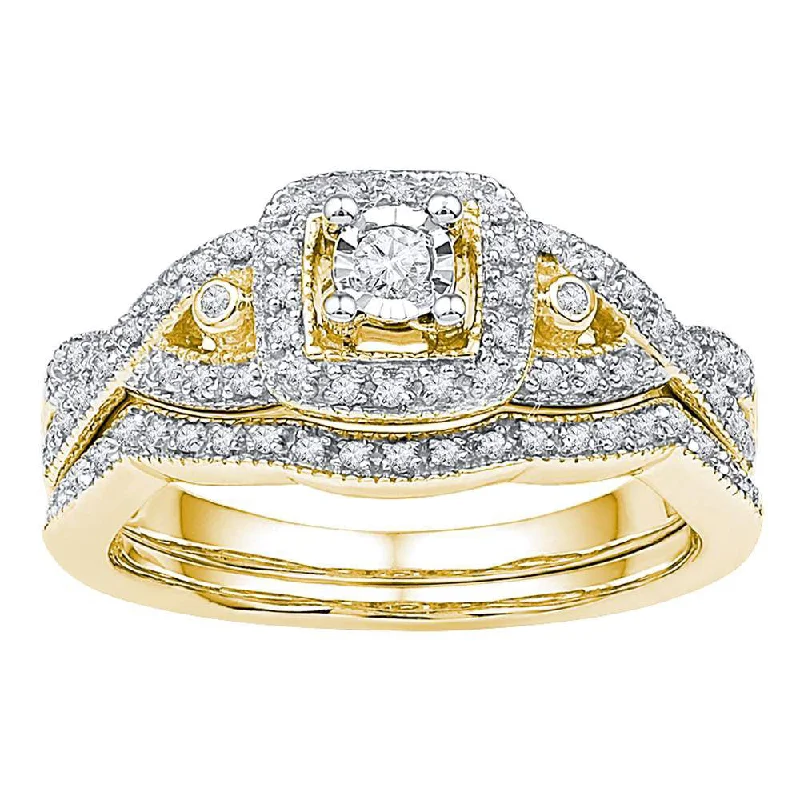 women’s engraved wedding bands-10kt Yellow Gold Round Diamond Twist Bridal Wedding Ring Band Set 1/4 Cttw