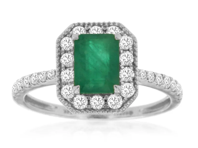 women’s wedding rings with emerald stones-14K White Gold Emerald and Diamond Halo Ring