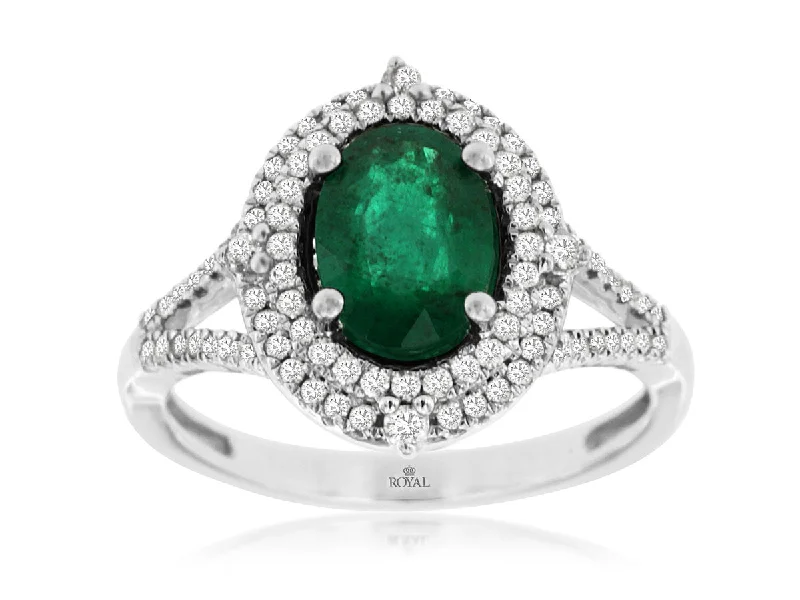 luxury wedding rings with emeralds-14K White Gold Emerald and Double Diamond Halo Ring