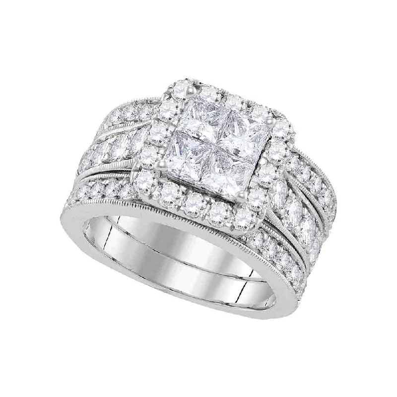 women’s signet rings with engraving-14k White Gold Princess Diamond Halo Bridal Wedding Ring Band Set 3 Cttw