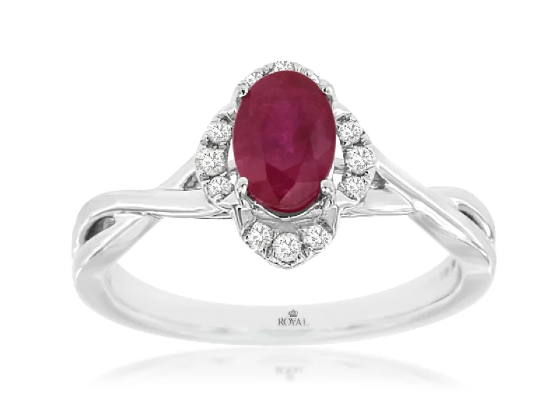 stackable wedding rings for women-14K White Gold Ruby and Diamond Halo Ring