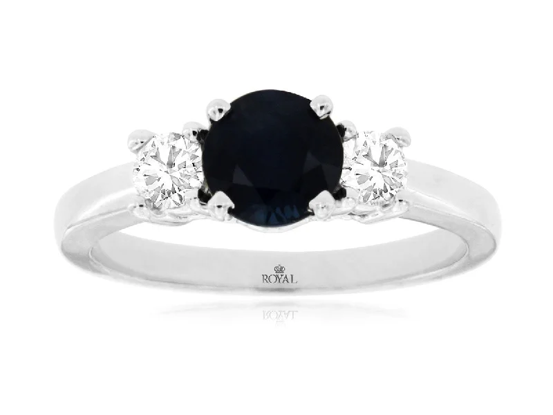 wedding bands with engraved initials-14K White Gold Sapphire and Diamond Three-Stone Ring