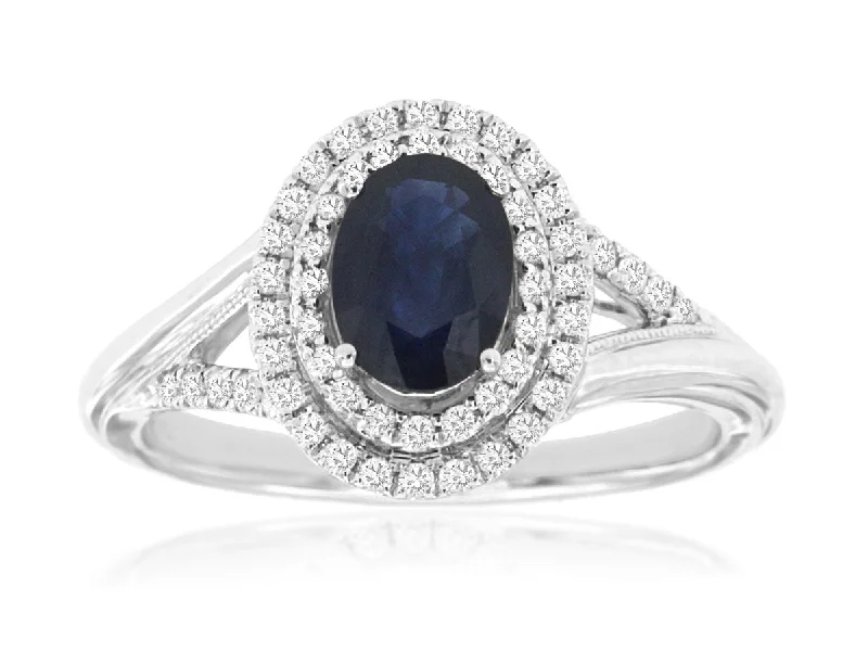 custom rings for men with engravings-14K White Gold Sapphire and Double Diamond Halo Ring