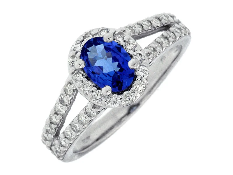 women’s engagement rings with white gold-14K White Gold Tanzanite and Diamond Halo Ring