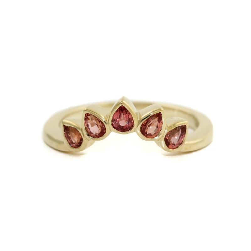 gold wedding rings with engraving-14K Gold Pear-Cut Padparadscha Tiara Band