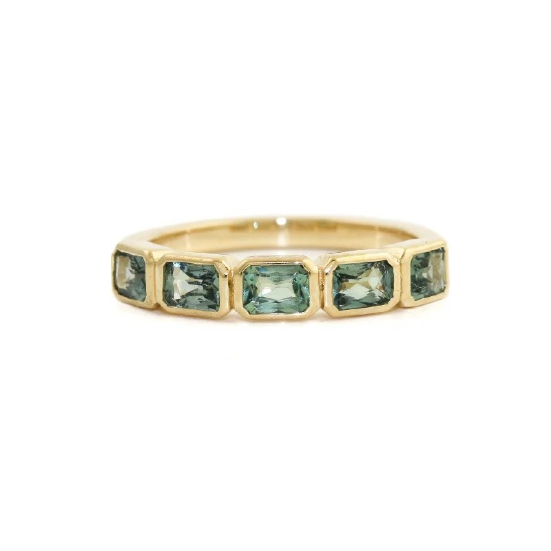 women’s custom wedding bands-14K Gold Emerald-Cut Teal Sapphire Bezel-Set Band