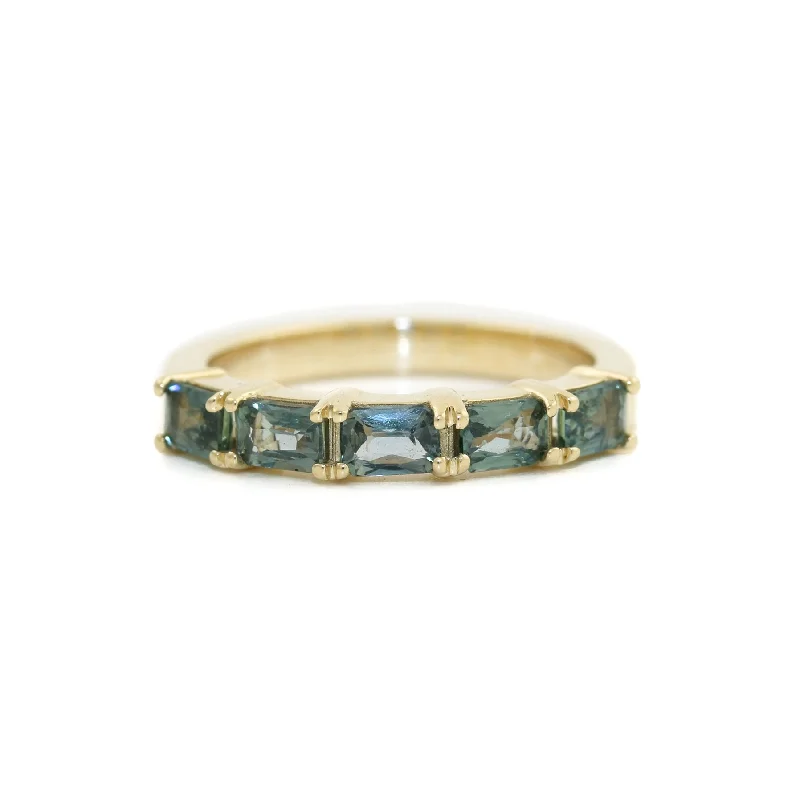 wedding rings with emerald stones for women-14K Gold Emerald- Cut Teal Sapphire Bead- Set Band