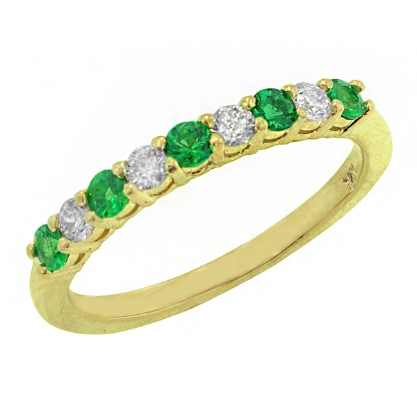 women’s rings with rubies and diamonds-14K Yellow Gold Emerald and Diamond 9 Stone Band