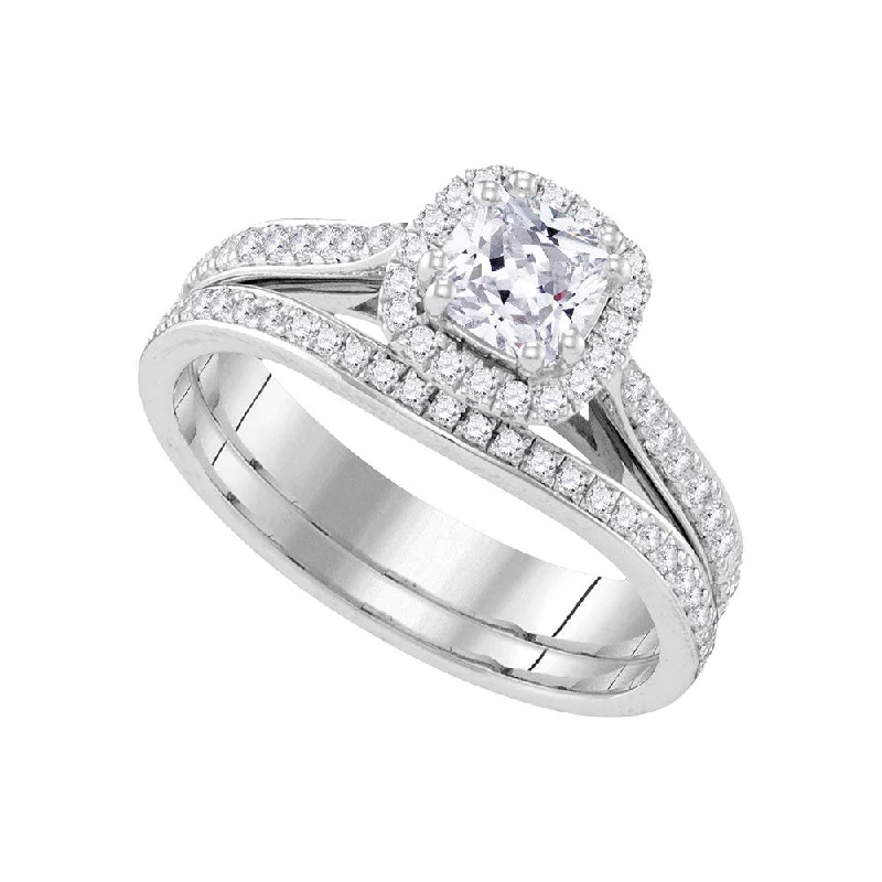 engagement rings with rubies and emeralds-14kt White Gold Cushion Diamond Bridal Wedding Ring Band Set 1 Cttw