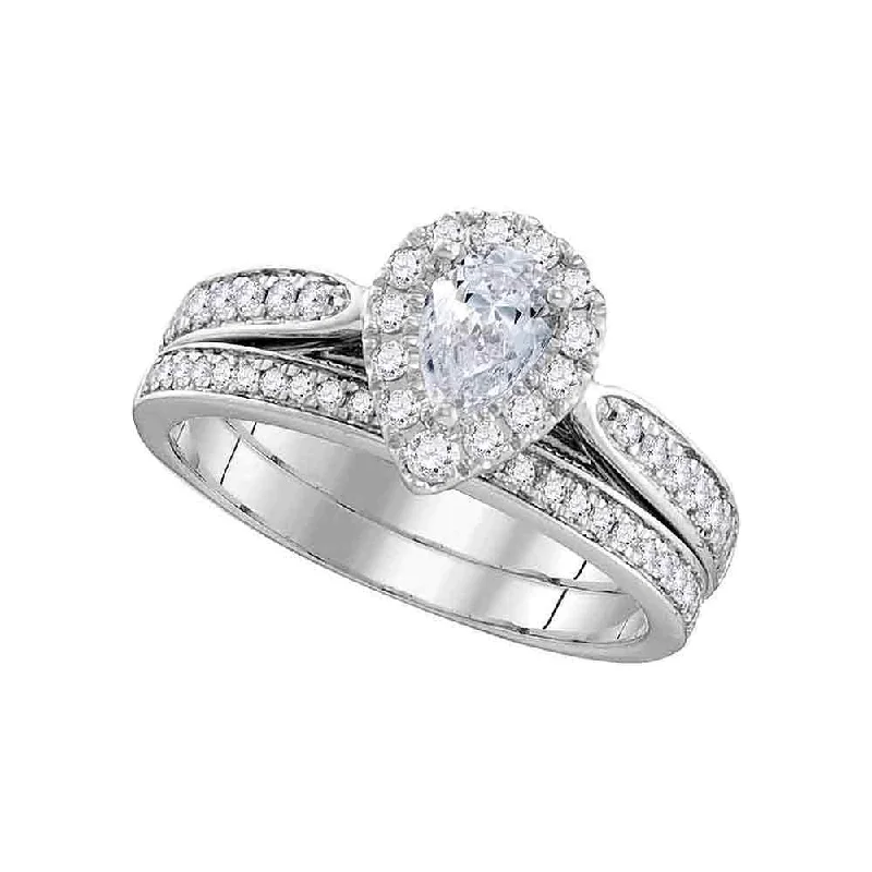 women’s custom diamond rings-14kt White Gold Pear Diamond Bridal Wedding Ring Band Set 1 Cttw