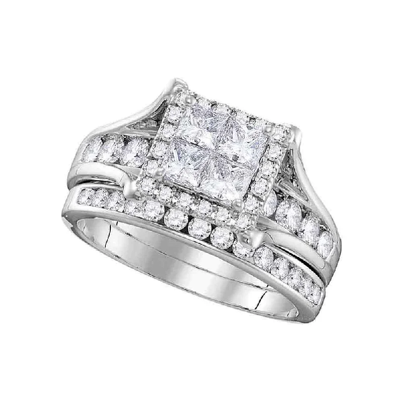 platinum wedding rings with diamonds-14kt White Gold Princess Diamond Bridal Wedding Ring Band Set 1-1/2 Cttw