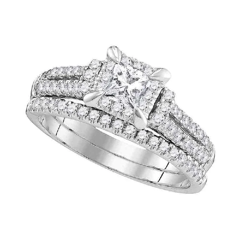 personalized wedding bands with names-14kt White Gold Princess Diamond Halo Bridal Wedding Ring Band Set 1 Cttw