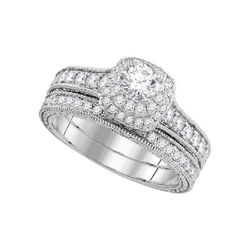 classic platinum engagement rings-14kt White Gold Round Diamond Milgrain Bridal Wedding Ring Band Set 1 Cttw