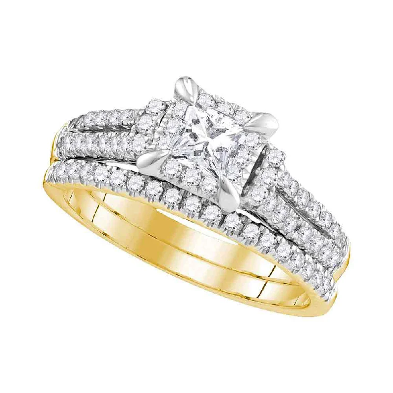 women’s vintage engagement rings-14kt Yellow Gold Princess Diamond Halo Bridal Wedding Ring Band Set 1 Cttw