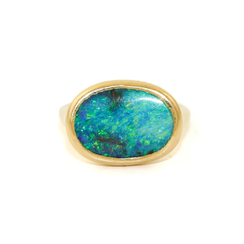 affordable platinum wedding rings for women-18k Gold x Antique 12mm Australian Boulder Opal Inlay Signet