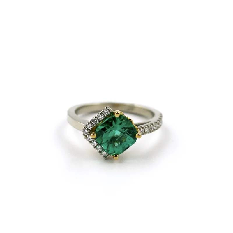 women’s engagement rings with black diamonds-Radiant-Cut 14 KT White Gold Emerald x Pave Diamond Ring