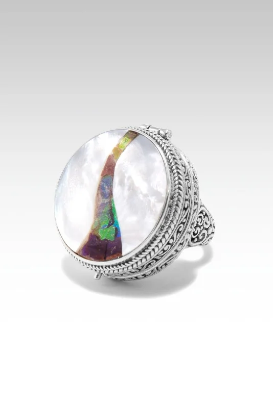 affordable gold wedding rings-Be the Light Locket Ring™ In White Mother of Pearl with Ammolite Inlay Doublet