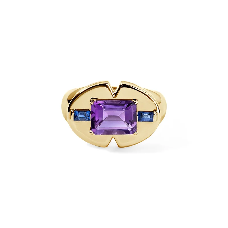 women’s wedding rings in rose gold-Amethyst Emerald Cut and Blue Sapphire Signet Ring