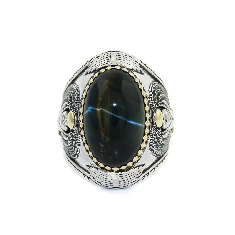 wedding bands with rubies and diamonds for women-Heavy "Ramses" Ring x Blue Tiger's Eye by Kingdom